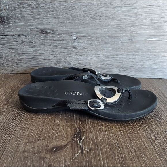 Vionic Karina Flip Flop Thong Sandals Slip On Black Leather Women's Shoes Size 6 - Picture 2 of 6